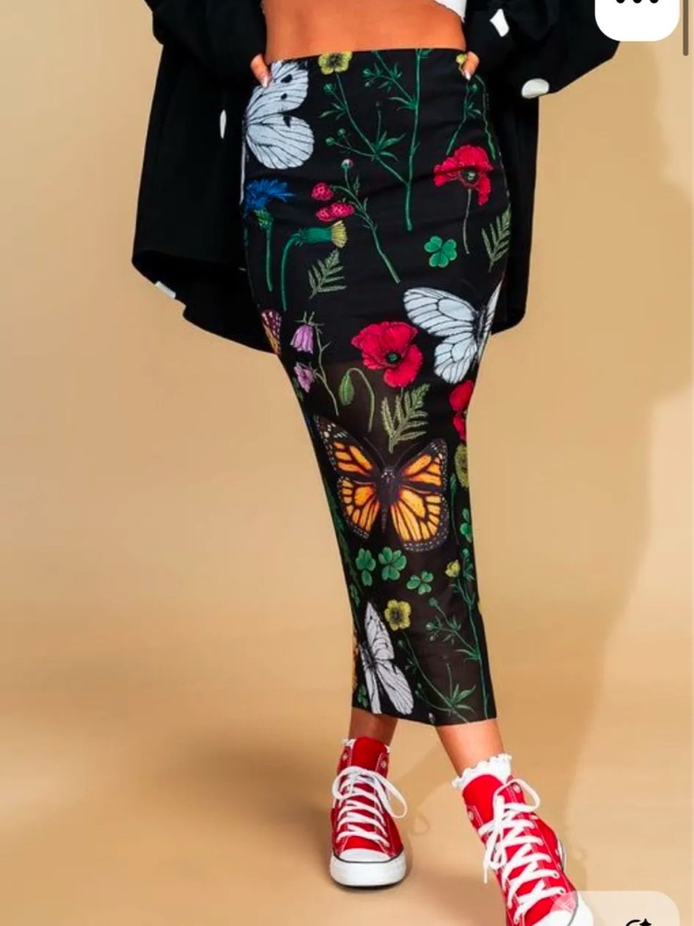 Dressed in LALA Black Midi Skirt with Colorful Butterfly & Floral Print